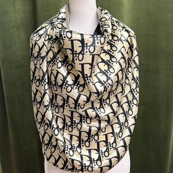 Black & Cream Geometric Satin Scarf Elegant Lightweight Shawl - Picture 5 of 5